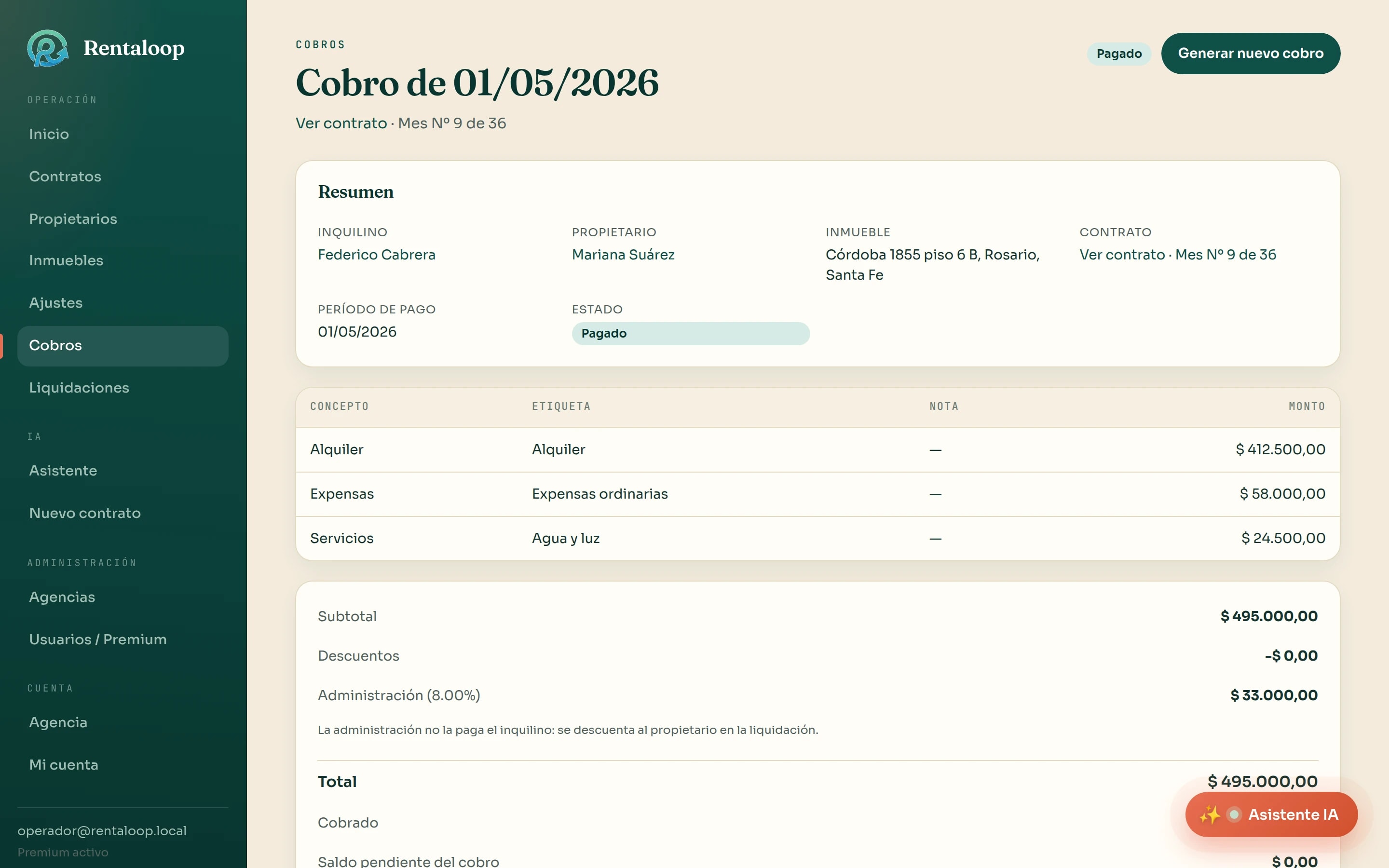 Detalle de un cobro de alquiler con alquiler, expensas y servicios desglosados, honorarios de administración y total