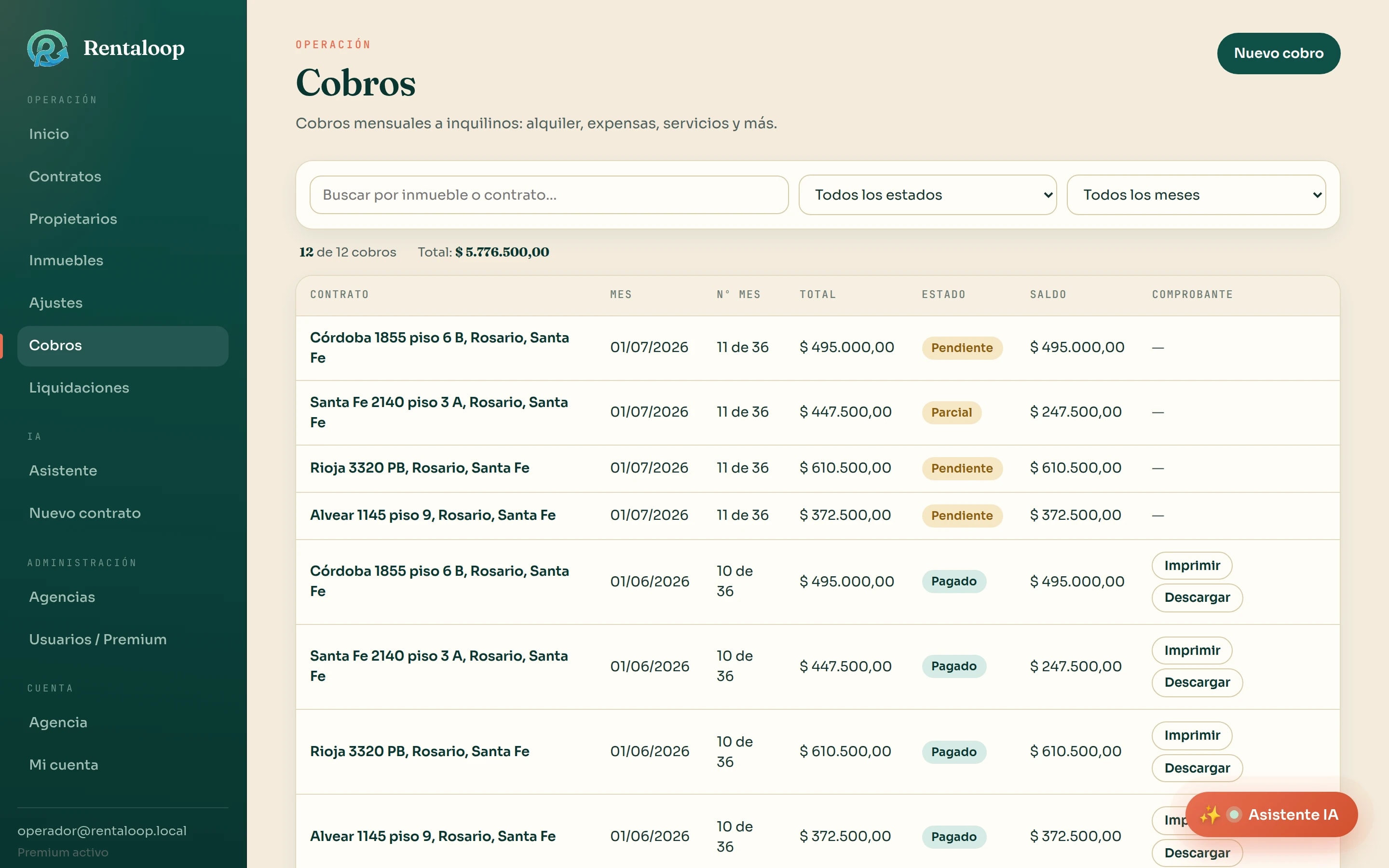 Listado de cobros de alquiler en Rentaloop con estados pagado, parcial y pendiente, y botones para imprimir o descargar el recibo