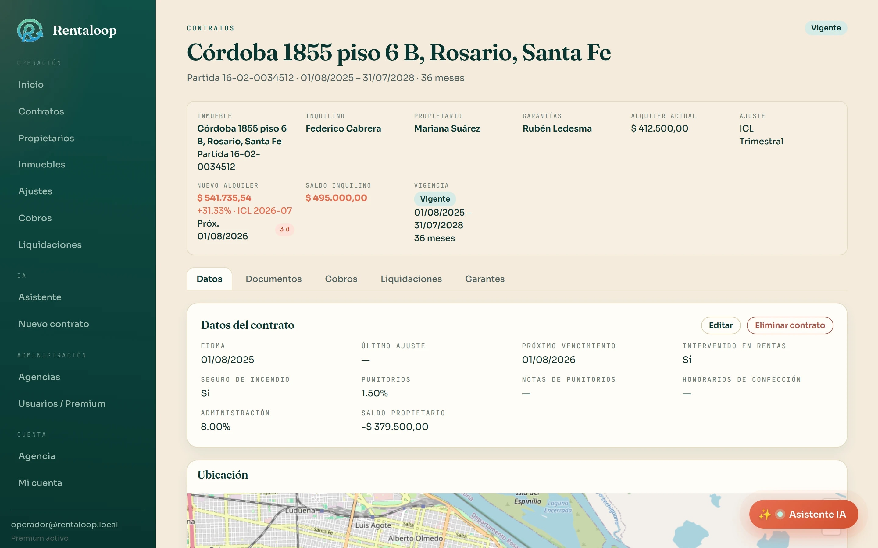 Ficha de contrato de alquiler en Rentaloop mostrando el nuevo alquiler calculado por ICL con la variación porcentual y la fecha del próximo ajuste