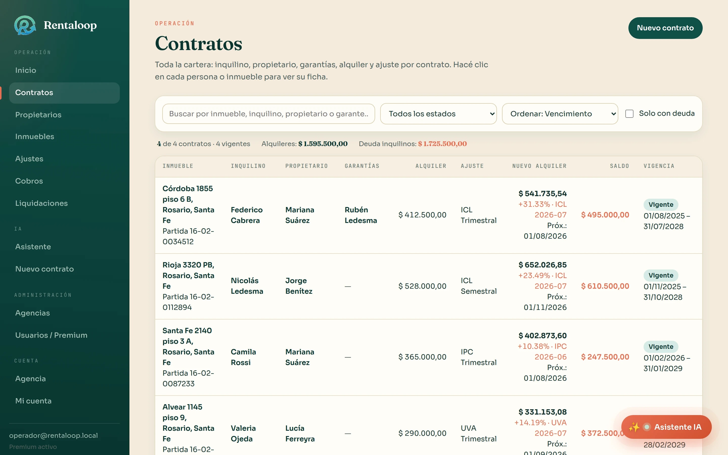 Listado de contratos de alquiler en Rentaloop con inquilino, propietario, garantías, alquiler vigente y el nuevo valor calculado por ICL, IPC y UVA
