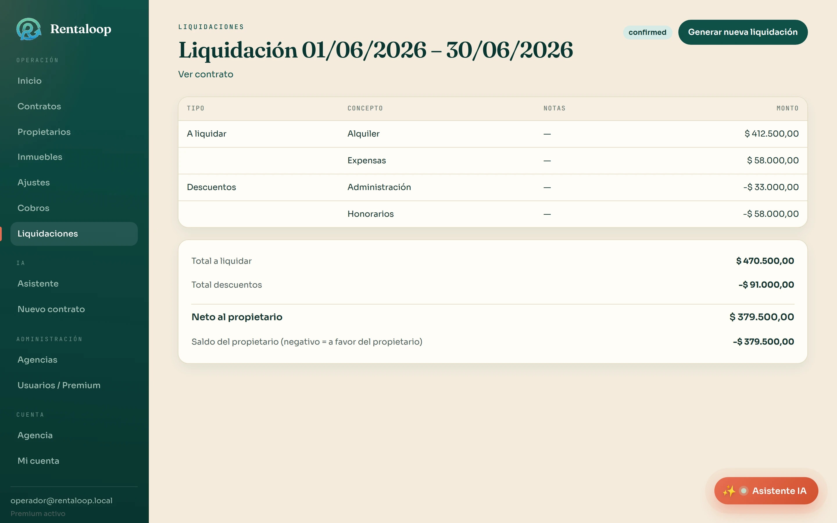 Liquidación a propietario en Rentaloop con los conceptos a liquidar, los descuentos por administración y honorarios, y el neto al propietario