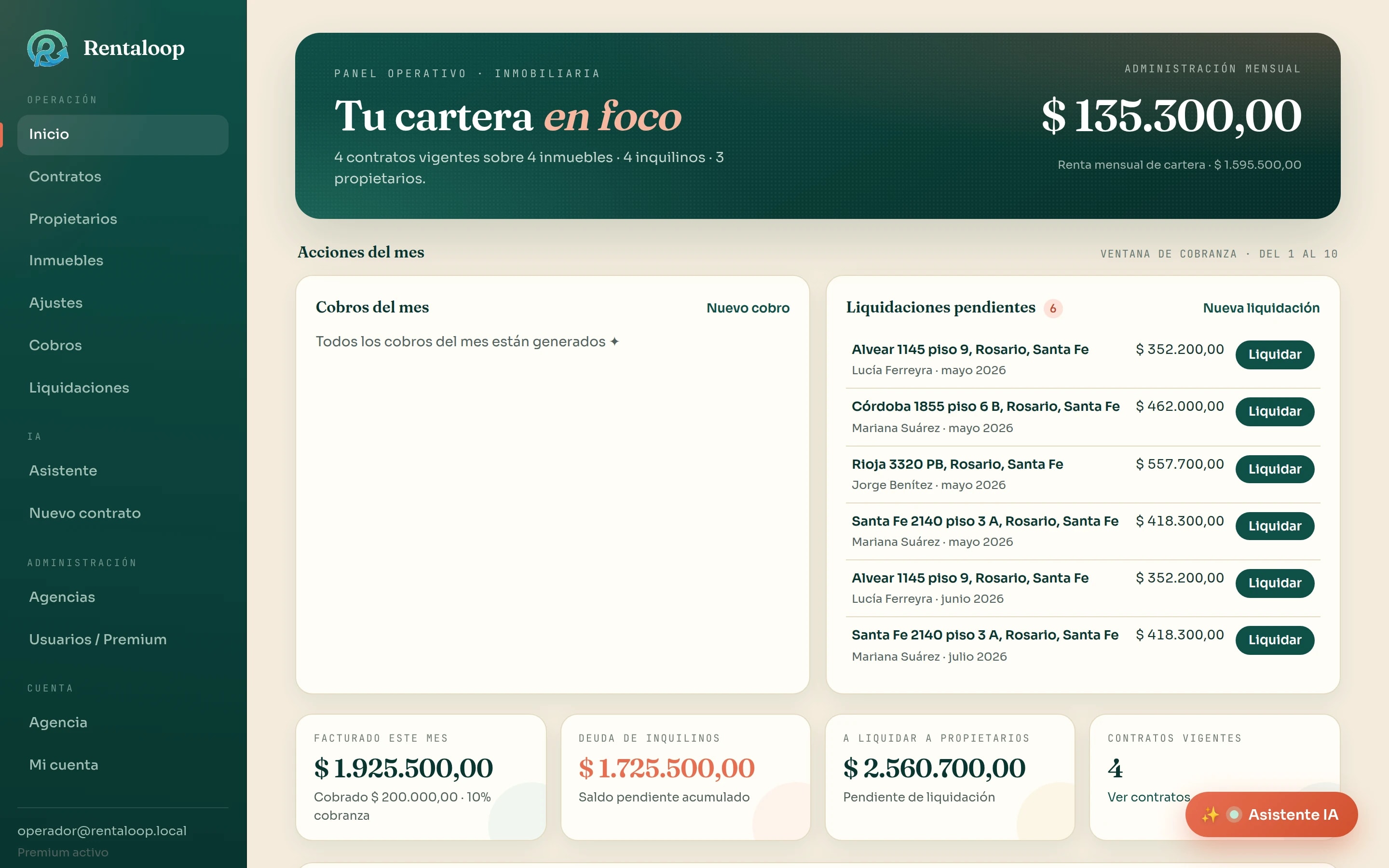 Panel de Rentaloop con la administración mensual, los cobros del mes, las liquidaciones pendientes y la deuda de inquilinos