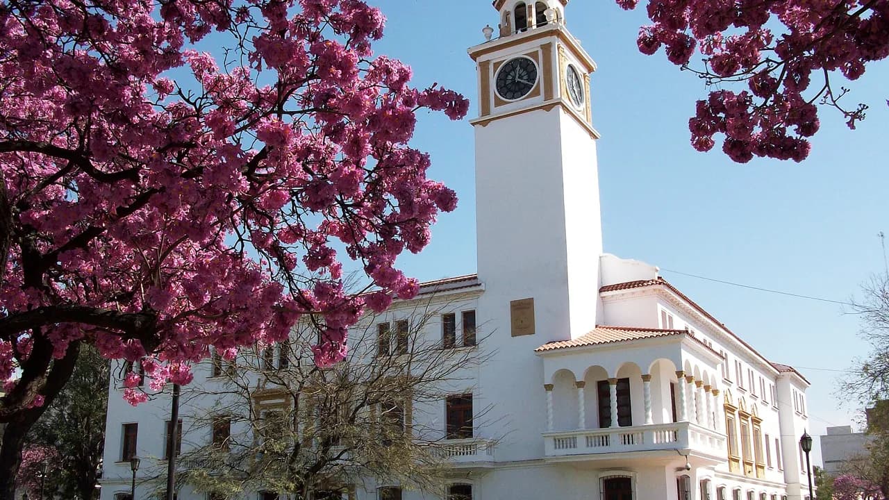 Casa de Gobierno de Santiago del Estero, torre con reloj y lapacho en flor